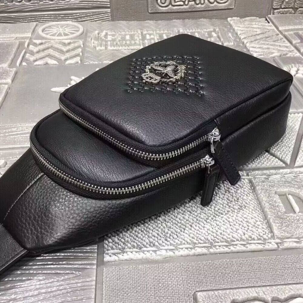 Soft Cow Leather Black Crossbody Chest Bag Hiking Sling Backpack Shoulder Bag