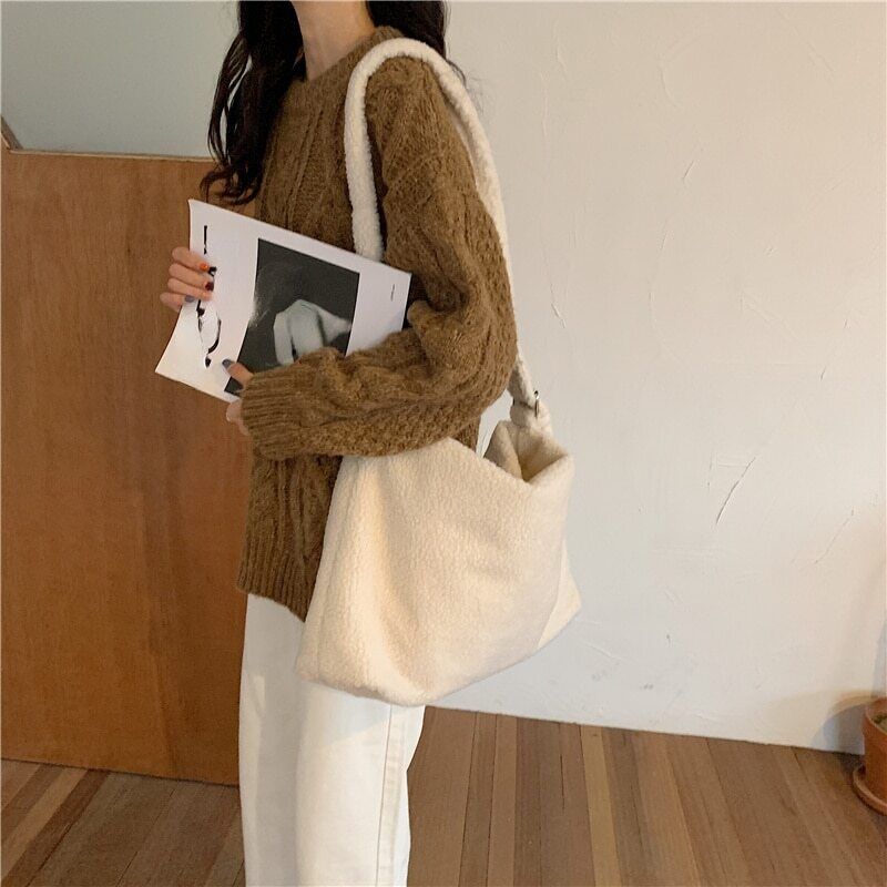 Winter Lamb Faux Fur Ladies Shoulder Bag Soft Plush Women Bags Female Tote