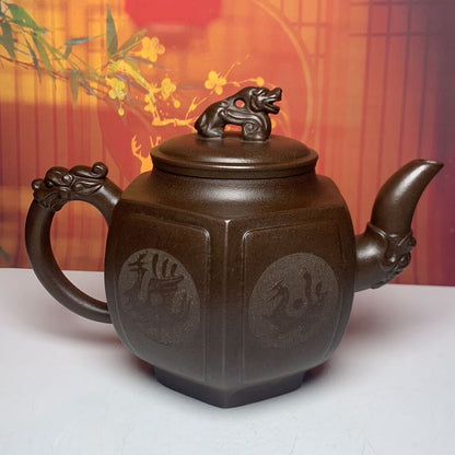 Vintage Chinese Yixing Purple Clay Teapot Zisha Ceramic Carving Beast Tea Set