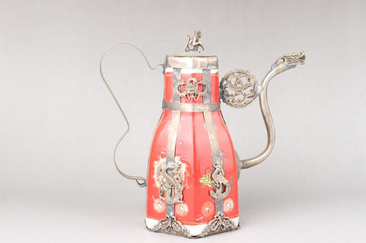 5.3" old Antique China Feng Shui Porcelain inlaid with Tibetan silver Teapot