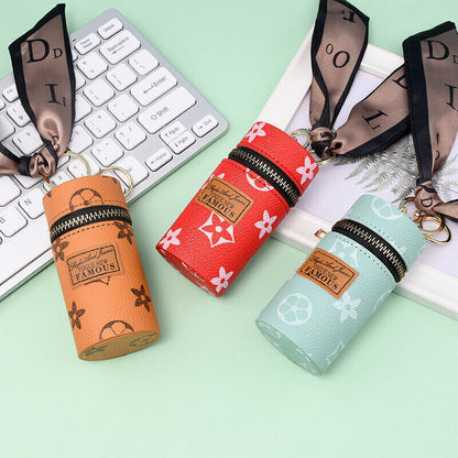 Fashionable ladies Leather Printed Keychain Bucket Coin Purse Pendant Gift