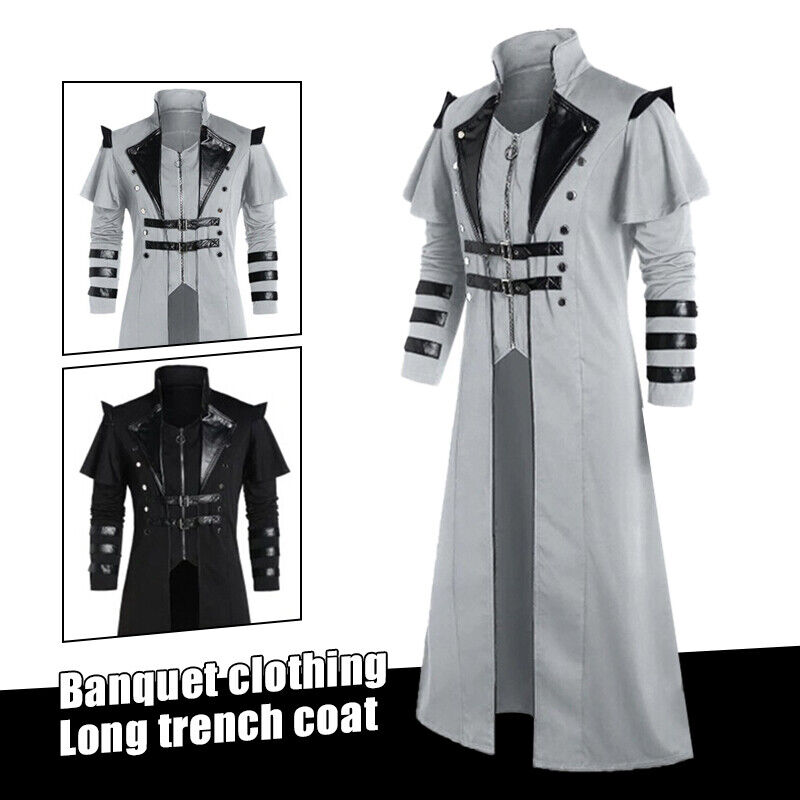 Mens Medieval Steampunk Frock Coat Retro Long Trench Cape Cloak Costume Jackets