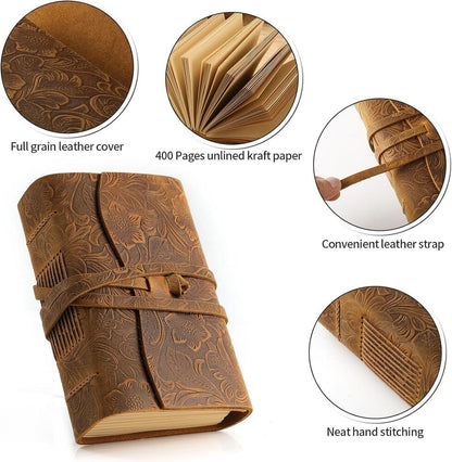 Leather Journal Writing Notebook Unlined Paper 400 Kraft Pages Vintage 7x5