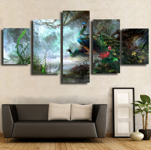 5 Pieces Canvas Wall Art Poster and Print Living Room Peacock No Framed