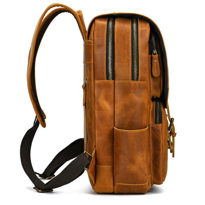 Mens Real Leather 15.6" Laptop Bag Backpack Large Hiking Travel Camping Carry On