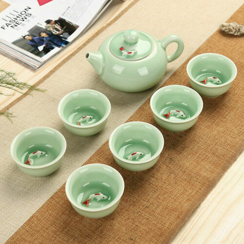 Chinese porcelain tea set fish relief ceramic gaiwan kungfu tea pot pitcher cups