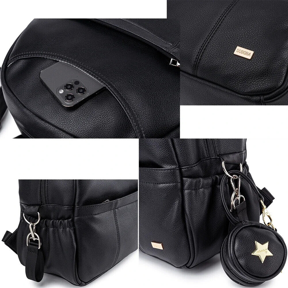 PU Black Diaper Backpack Baby Pockets Diaper Bag for Mother Travel Bag
