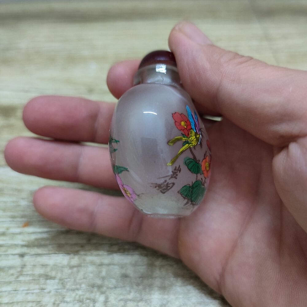 Chinese Peking Glass Snuff Bottle Inside Painting Flower Box Art Beauty Glazed