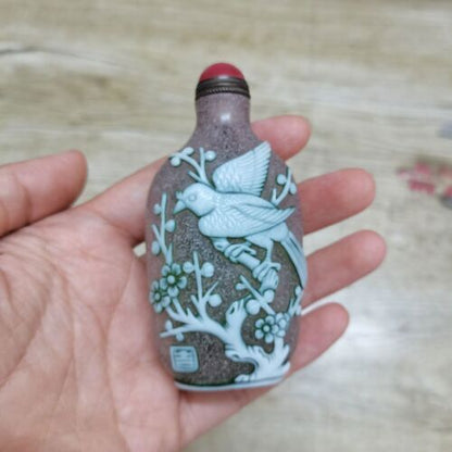 Collection Chinese Beijing Glaze Carved Flower Bird Exquisite Snuff Bottle Glass