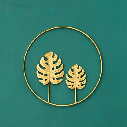 Wall Hanging Ornament 24cm Iron Golden Picture Frame Ginkgo Leaf Palm Tree Decor