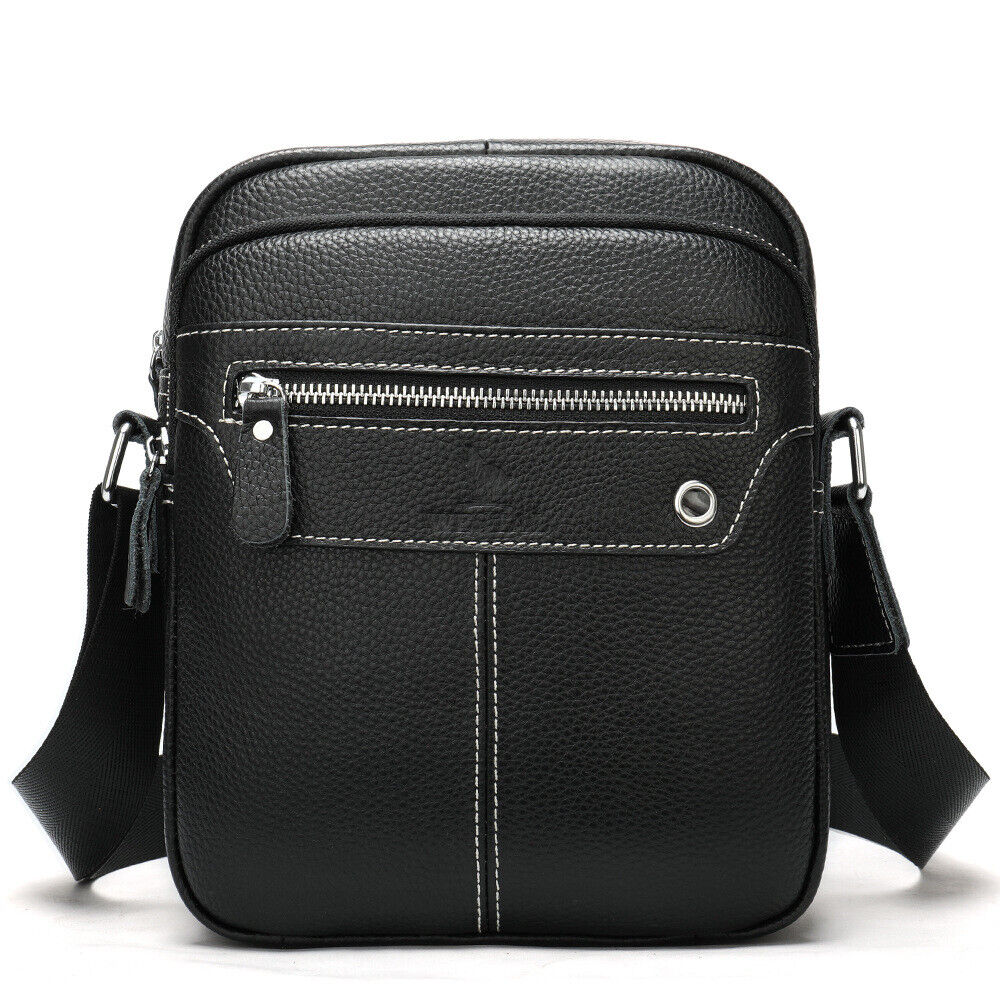 100% Genuine Leather Men's Black Sling Shoulder/Messenger Bag 8" Zipper Bags