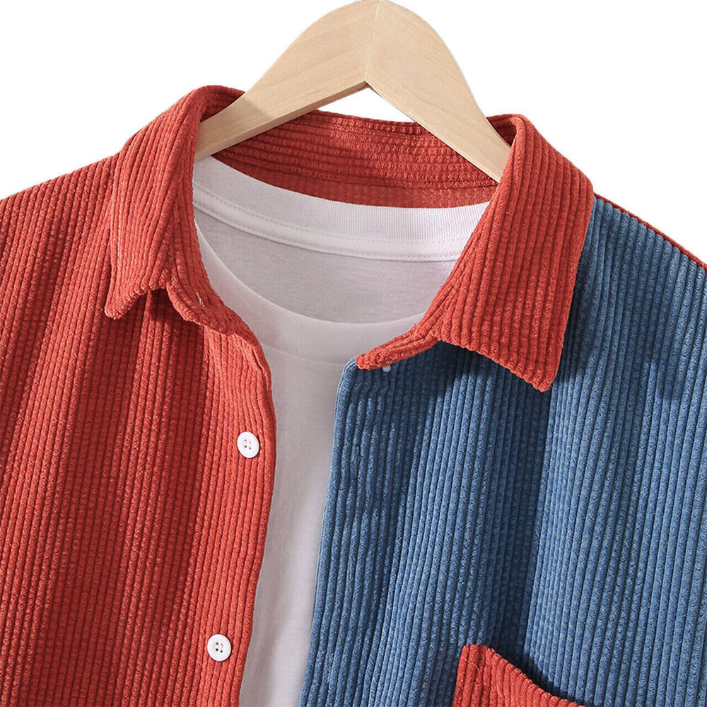 New Mens Spliced Corduroy Shirt Long Sleeve Jacket Button Up Casual Regular Fit