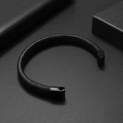 Black Bracelet Men's Braided Leather Bangle Stainless Steel Cuff Wristband