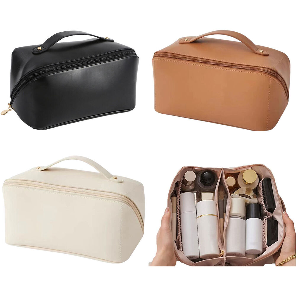 Large Capacity Travel Cosmetic Bag Organizer Makeup with Brushes Slots Dividers