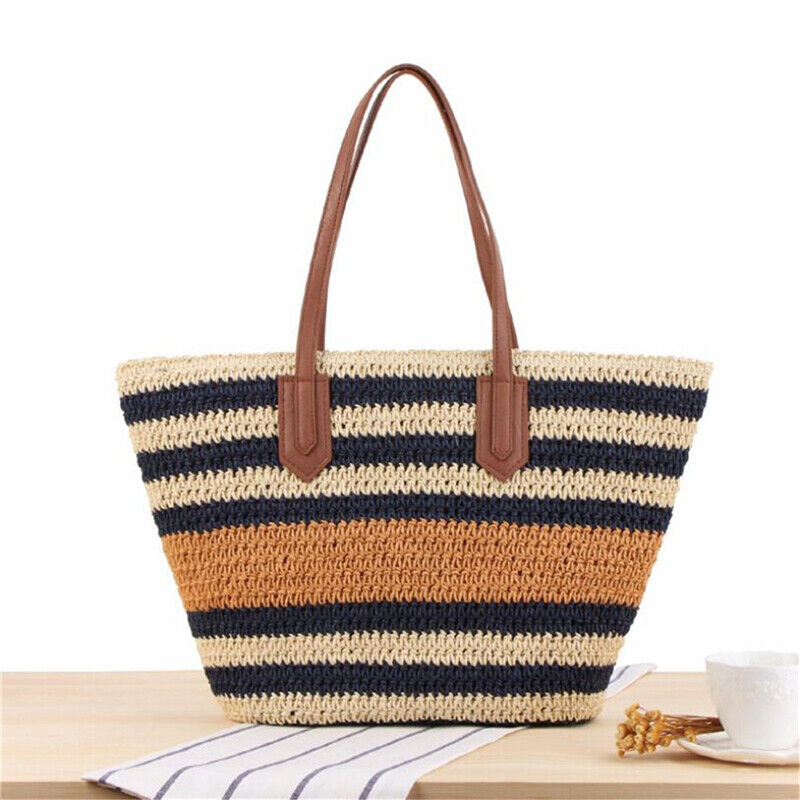 All-match Striped One-shoulder Bag for Women Summer Travel Straw Beach Tote Bag