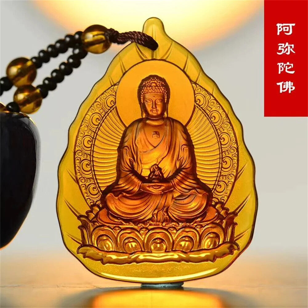 Glamour Ice Yellow Crystal Carved Talisman Buddha Buddhist Pendant Religious Necklace -