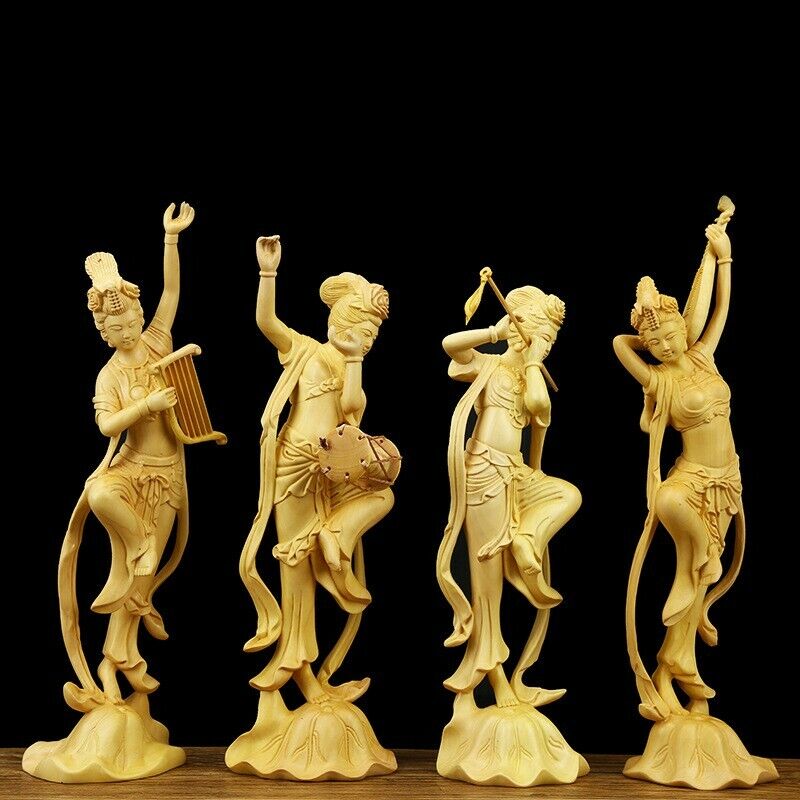 1set 4pcs Chinese Boxwood Huang-yang wood carving Flying Beauty girl Statue #66