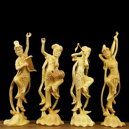 1set 4pcs Chinese Boxwood Huang-yang wood carving Flying Beauty girl Statue #66