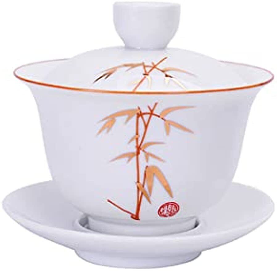 Porcelain Gaiwan 8oz Teacup White Tureen Chinese Cover Bowl Lip Cup Saucer Set