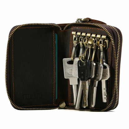 Unisex Cow Leather Key Card Holder Bag Small Wallet Zip Around Brown Coin Purse