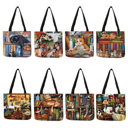 Cat Print Tote Bag Linen Reusable Shopping Bag Oil Painting Shoulder Shopper Bag