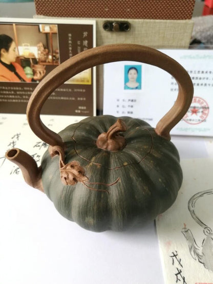 270cc chinese Yixing Handmade Zisha Green clay Teapot Pumpkin TiLiang Hu Tea Pot