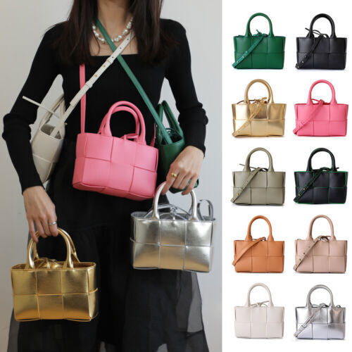 Small Mini Woven Real Leather Double Handles Tote Bag Purse Handbag Crossbody