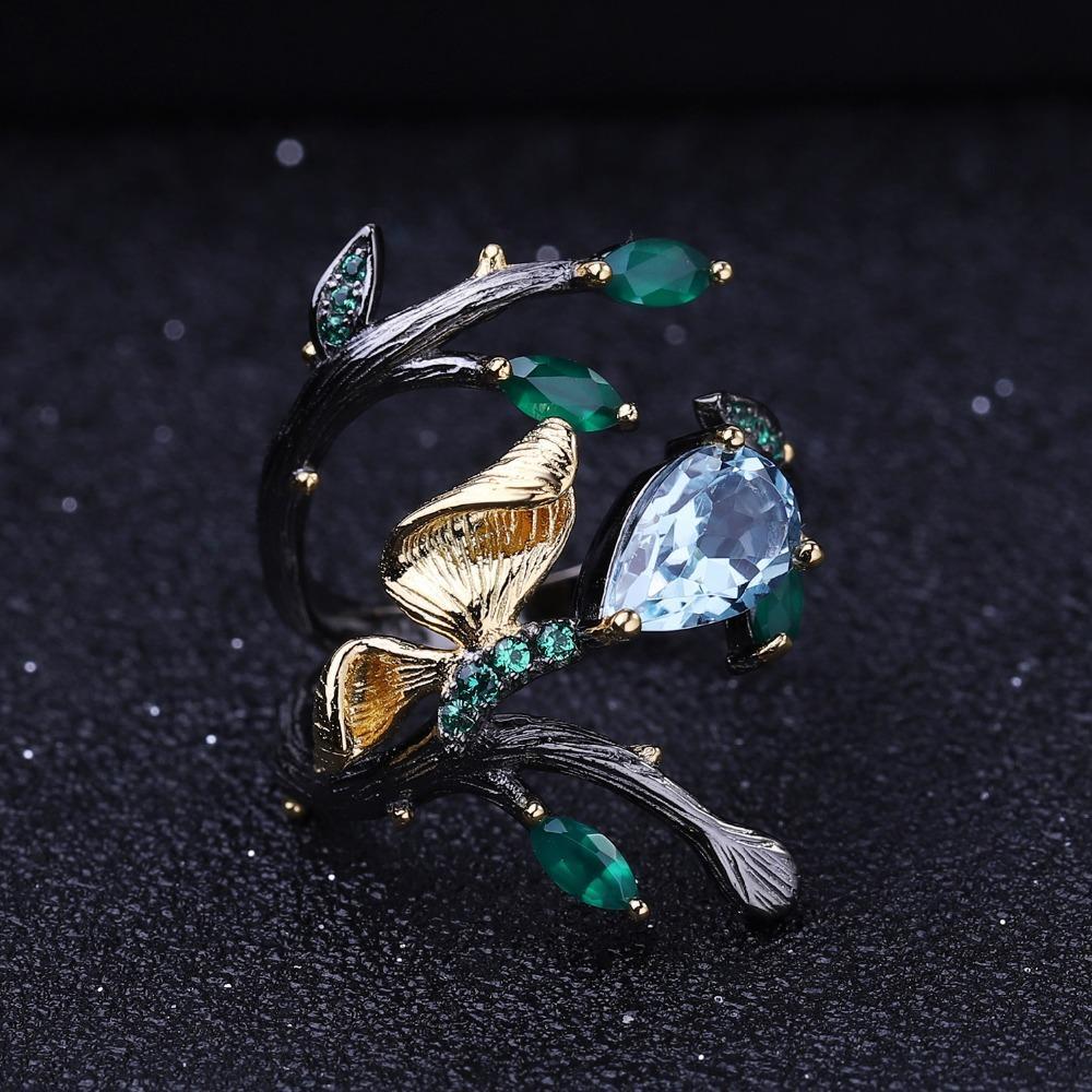 Natural Blue Topaz 2.29ct Handmade 925 Sterling Silver Butterfly on Branch Ring