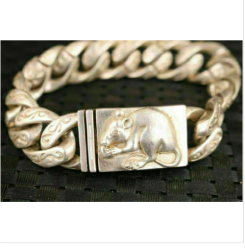 Rare Chinese old tibet silver handmade mouse Statue bracelet jewel gift