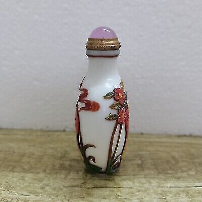 vintage carved painted peking glass bird charms cranes red white snuff bottle