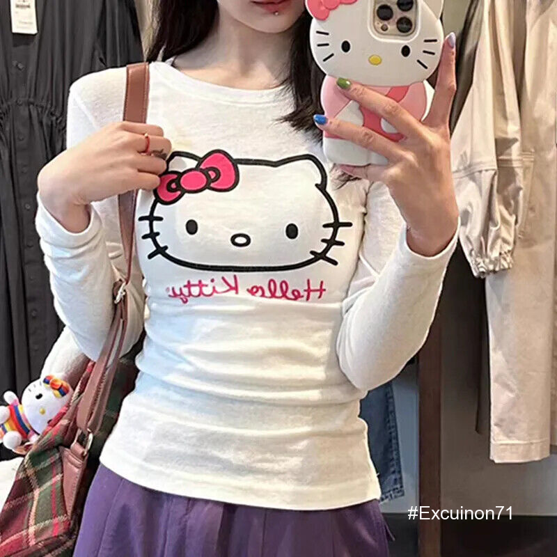 Hello Kitty cute Long Sleeved T Shirt Sexy Printed Round Neck Women Y2K Slim Top