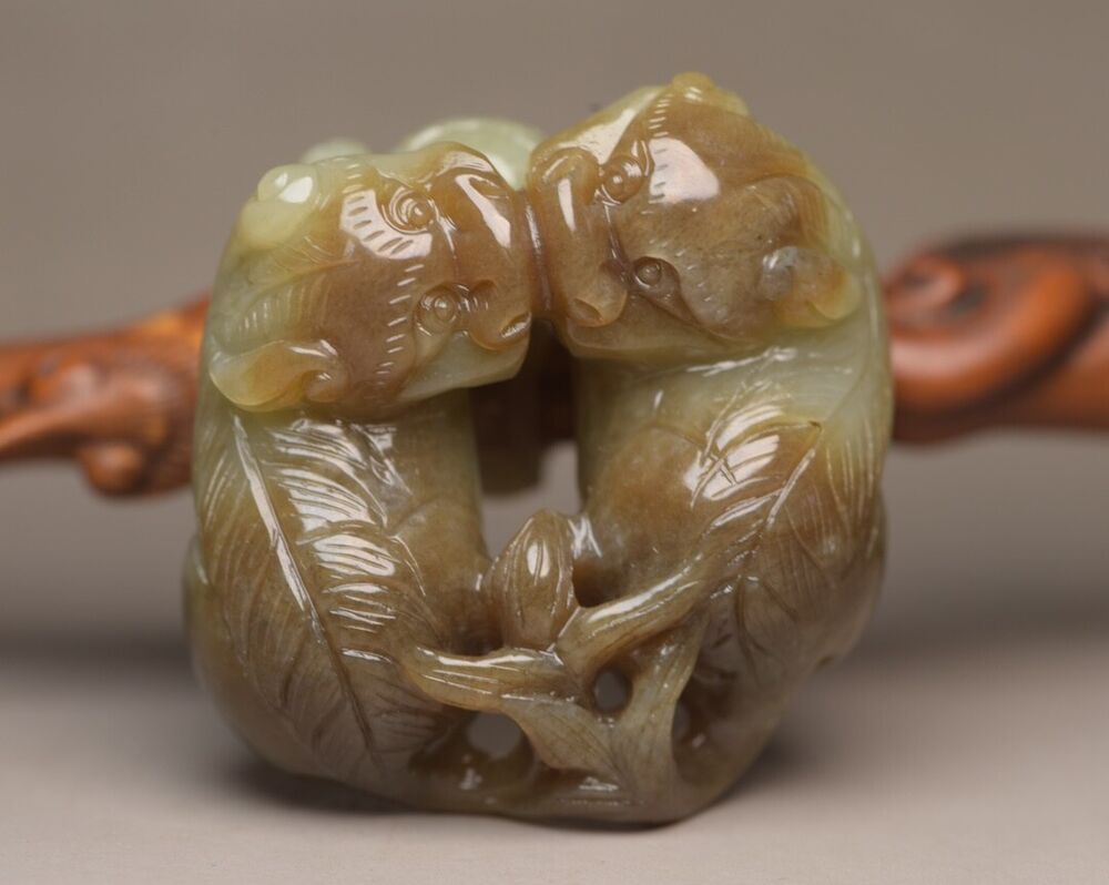 Chinese Antique Hetian Jade Carved Exquisite Lion 事事如意Statue Lucky Pair Figurine