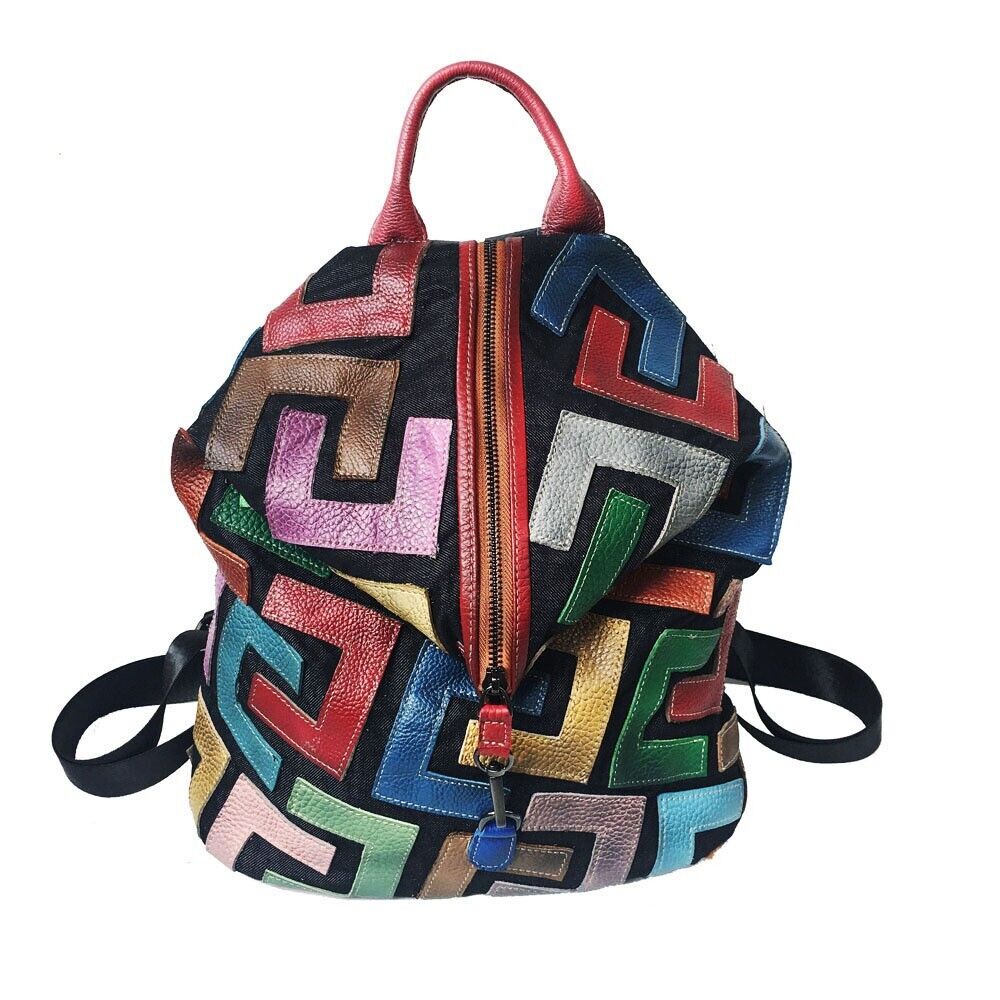 Desinger Real Leather Women's Backpack, Colorful Patchwork Travel Shoulder Bag