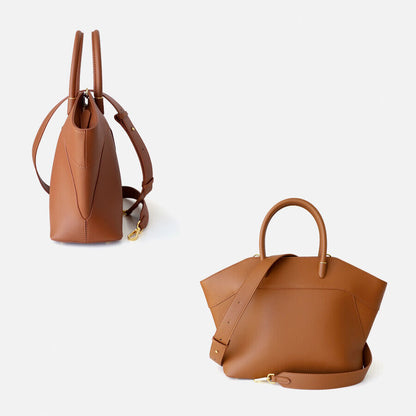 Trapezoid Real Leather Tote w/ Zipper Purse Shoulder Bag Handbag w/ Long Strap