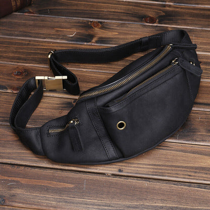 Top Cowhide Leather Waist Bag, Men's Sling Crossbody Bag Sports Travel Bags