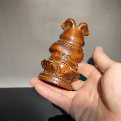Chinese Natural Boxwood Rabbit Wealth Money Wooden Statue Decorative Sculpture