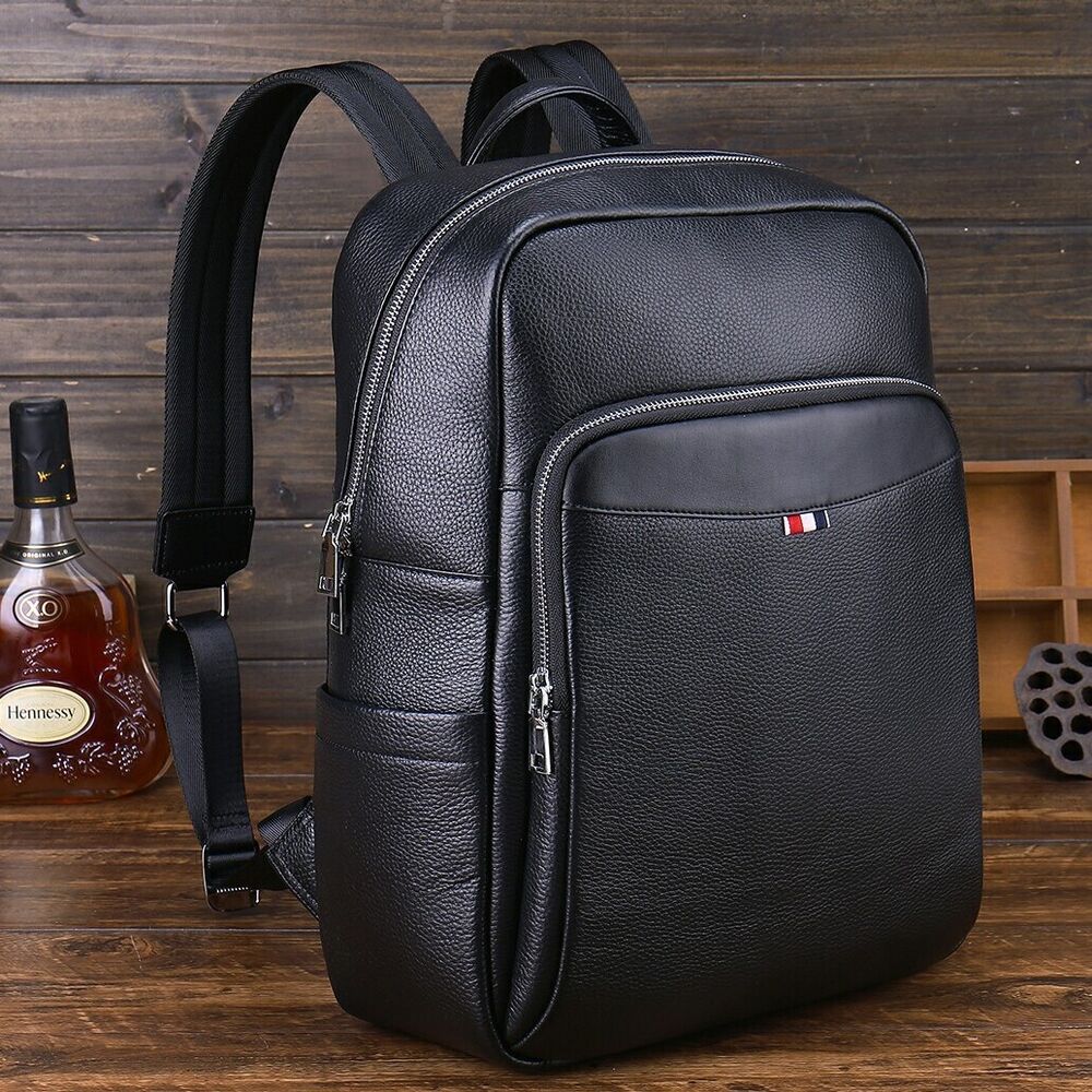 Top Cow Leather Black Men's bag, Soft Leather Large Capacity Backpack Travel Bag