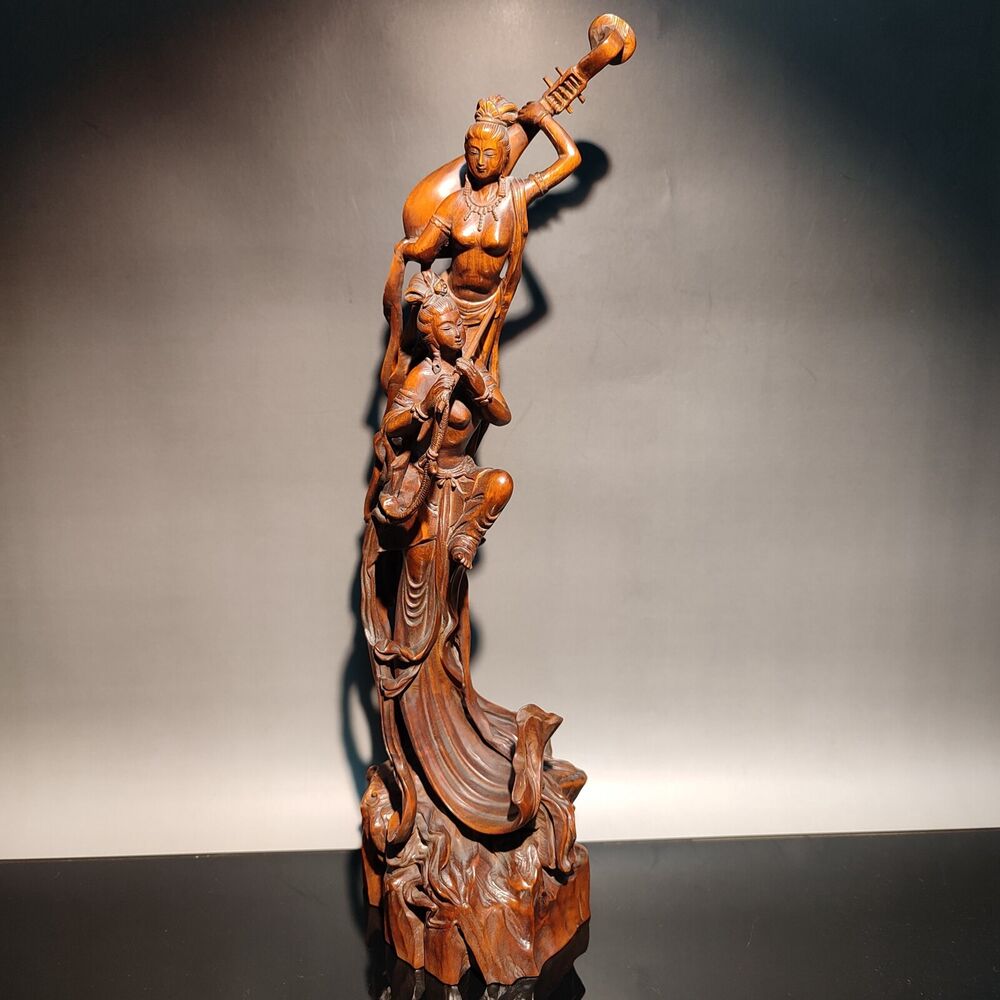 12" vintage wooden ornaments wood carving figure indian statue woman Music dance