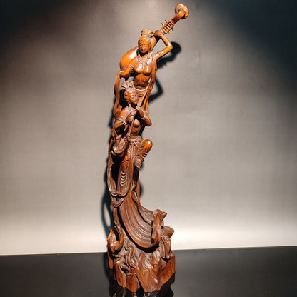 12" vintage wooden ornaments wood carving figure indian statue woman Music dance