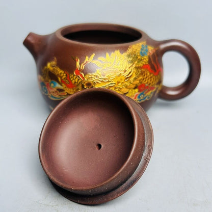 Vintage Chinese Yixing Purple Clay Teapot Zisha Ceremony Painted Dragon Teaware