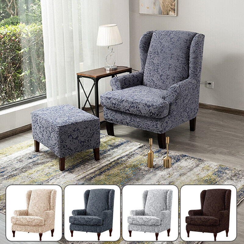 Wingback Chair Slipcover 2Piece Jacquard Damask Elastic Spandex Wing Chair Cover