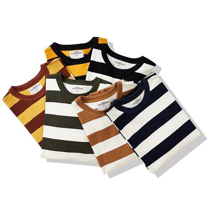 280g Heavyweight Cotton Striped Long Sleeve T-Shirt Men Autumn Navy Thick Tops