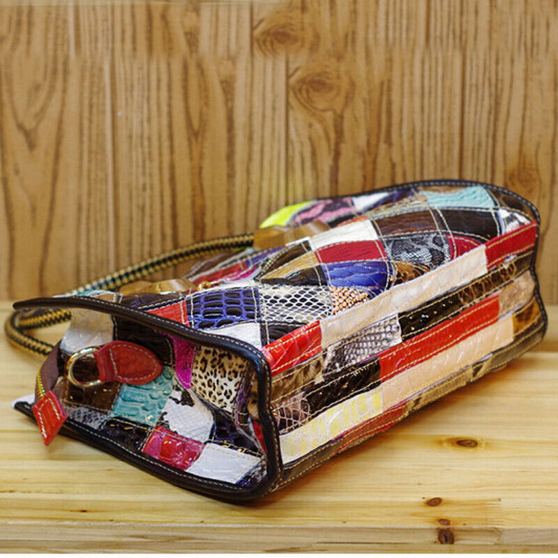 Women's Genuine Leather Snake Blocks Colorful Handbag Shoulder Satchel Tote Bag