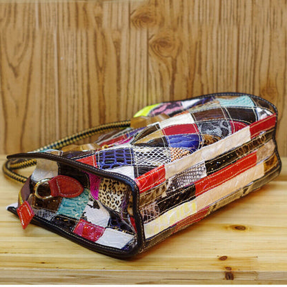Women's Genuine Leather Snake Blocks Colorful Handbag Shoulder Satchel Tote Bag