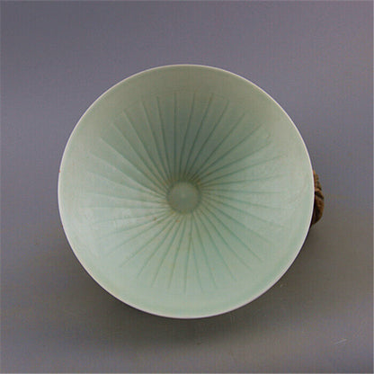 Chinese Song Hutian Kiln Yin Carved Value Stripe Celadon Bamboo Hat Bowl