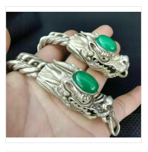 Collectible China Green Jade Tibet Silver Handwork Auspicious Dragon Bracelet