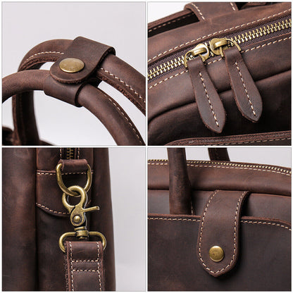 Men's Portable Briefcase Crazy Horse Leather Sling Shoulder Bags for 14" Laptop