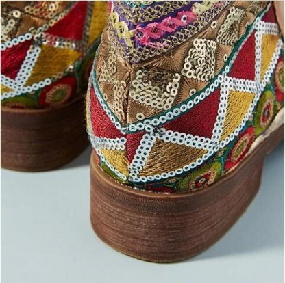 Women Embroider High Ankle Shoes Boots Leather Zipper Rivet Flower Shoes