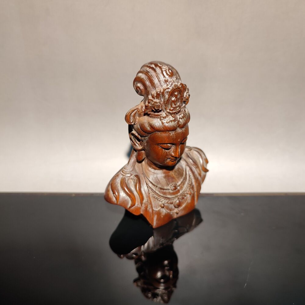 vintage wood wooden carved carving figure kuan yin antique sculpture bust mini