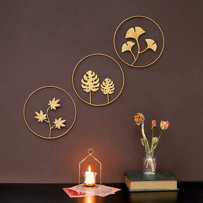 Wall Hanging Ornament 24cm Iron Golden Picture Frame Ginkgo Leaf Palm Tree Decor